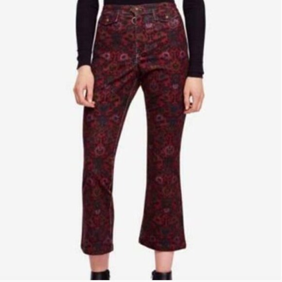 Free People Corduroy Red Paisley Flared Crop Tailored Pants Sz. 6 - Picture 1 of 15